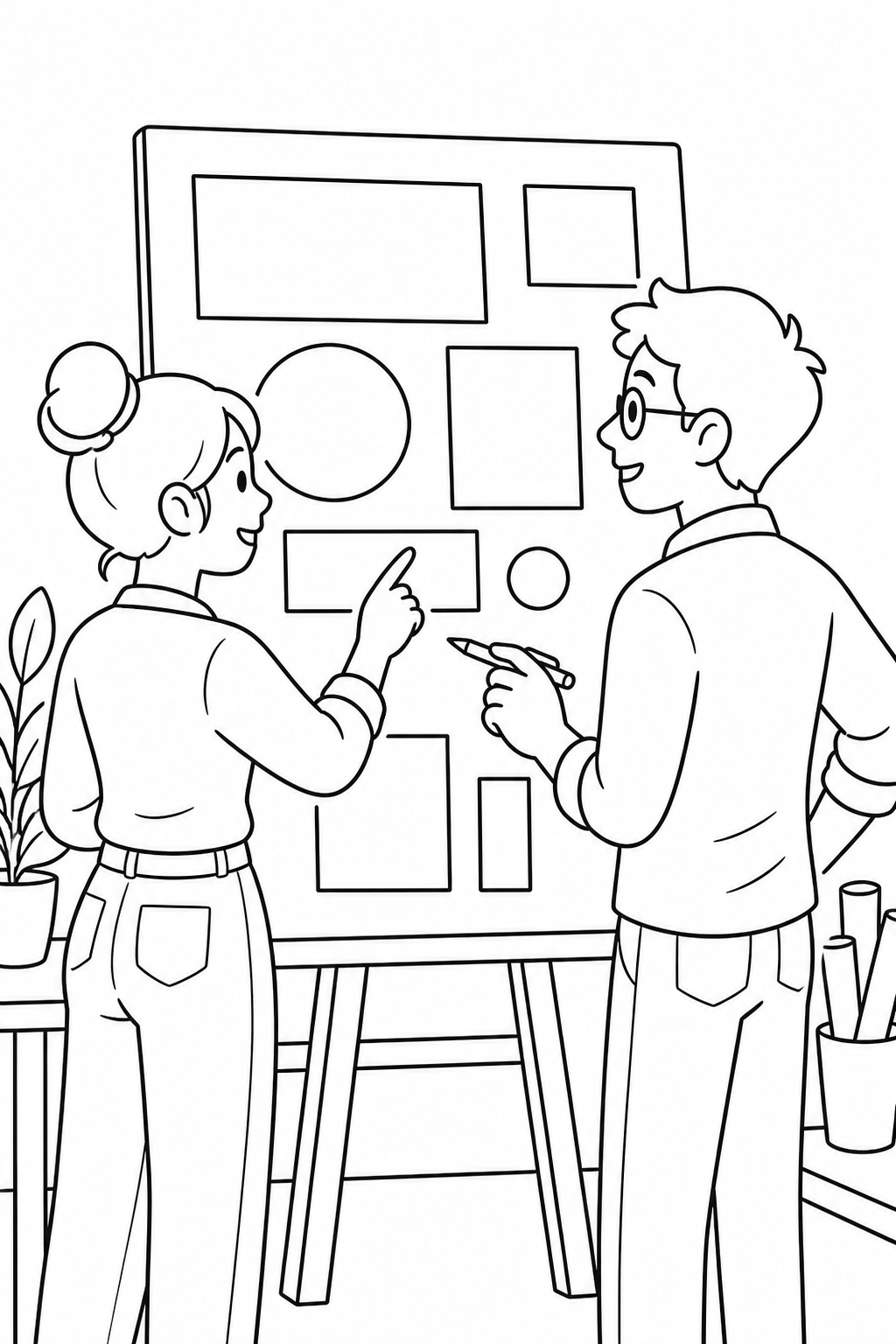 Two designers reviewing a project board together in a studio.