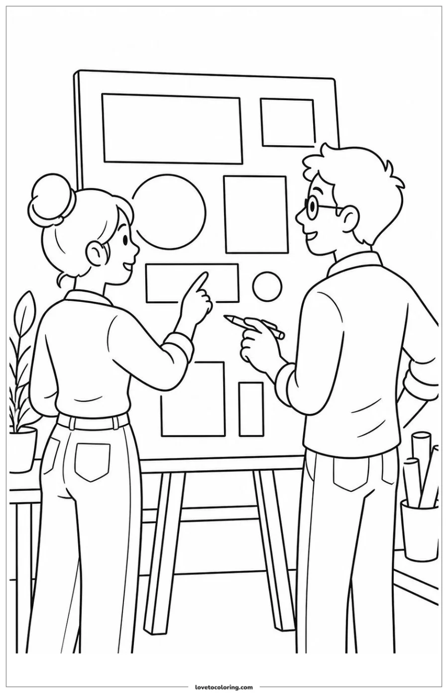 Two designers reviewing a project board together in a studio.
