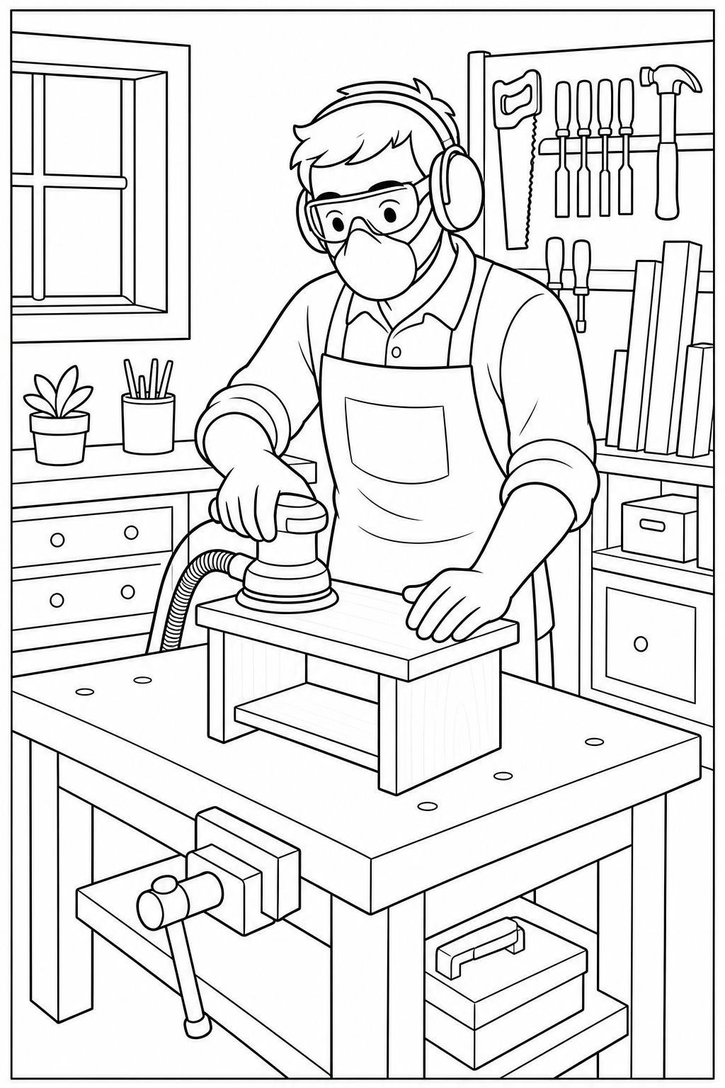 Carpenter sanding a wooden project while wearing protective gear.
