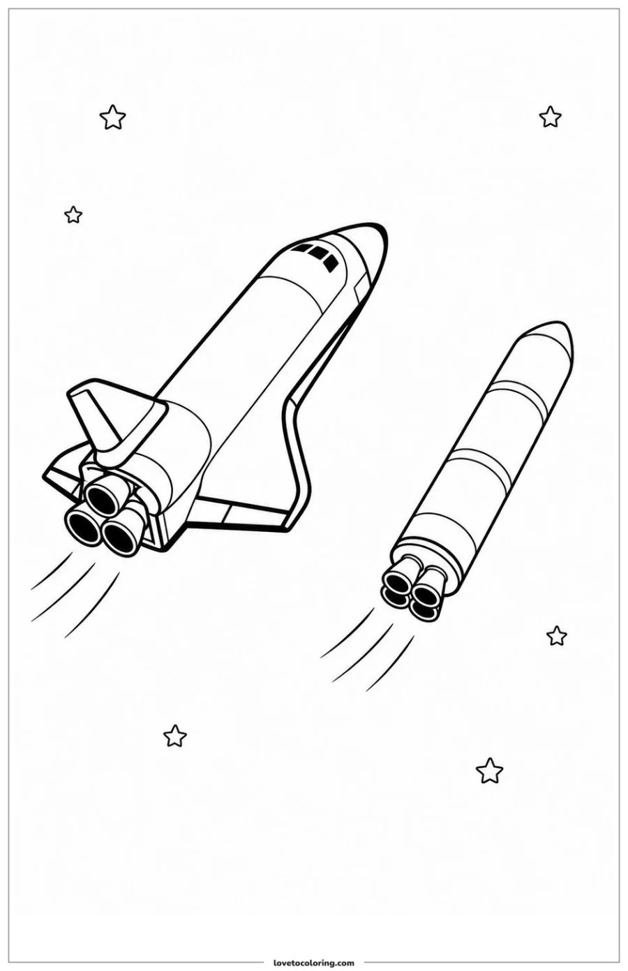 Black-and-white printable coloring page showing a space shuttle separating from its booster stage.