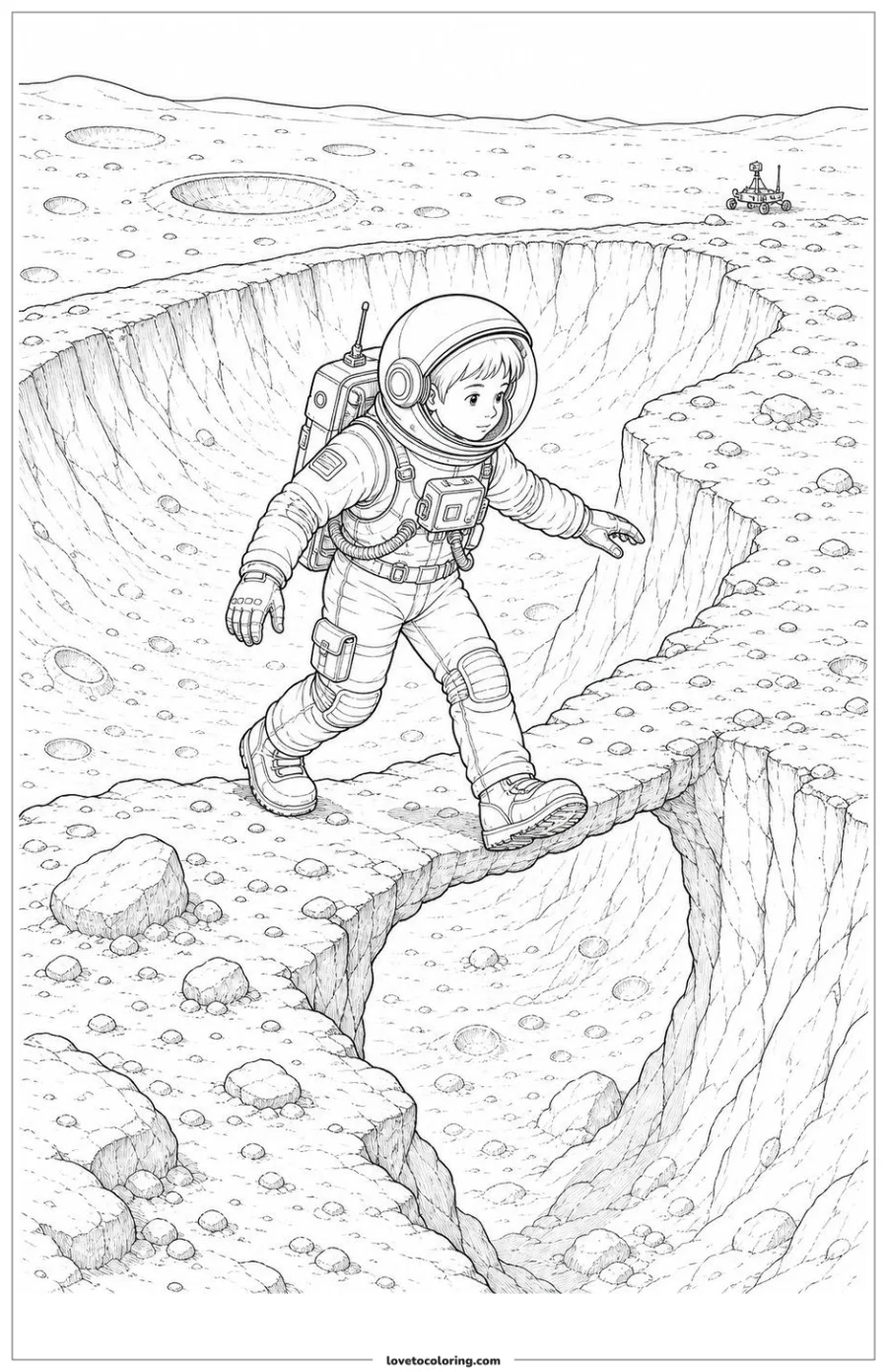 Dibujo para colorear de young astronaut crossing between two crater rims