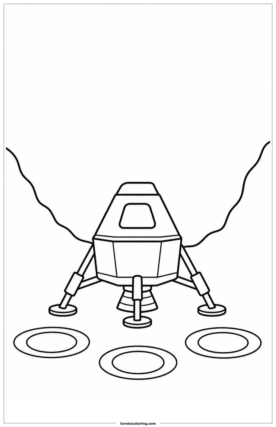 Black-and-white printable coloring page showing a lunar lander resting beside fresh landing marks.