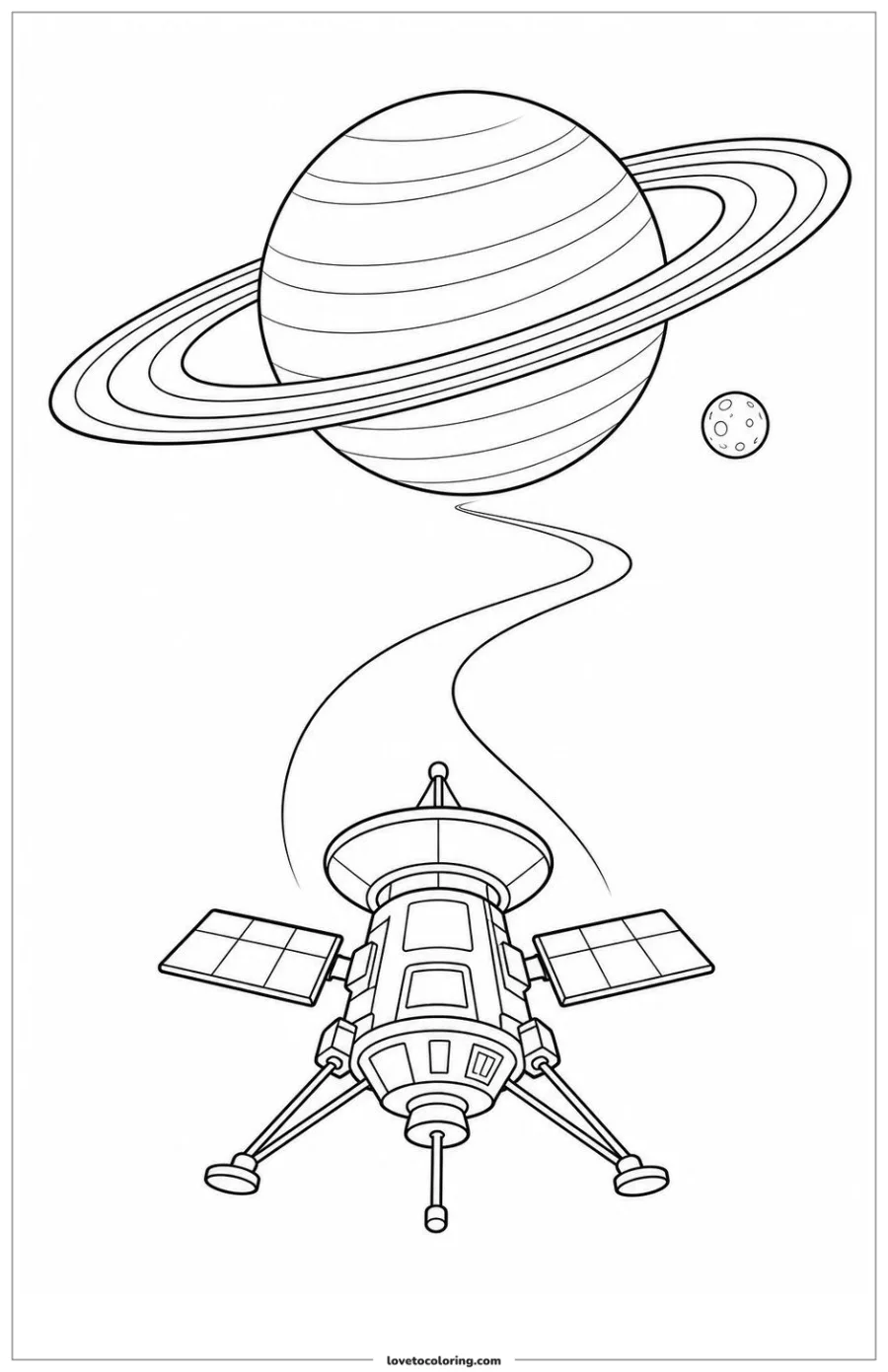 Dibujo para colorear de saturn appearing beyond a small probe silhouette