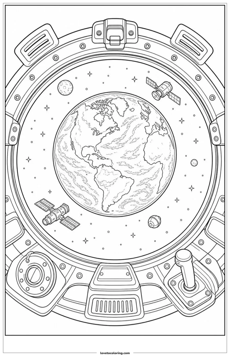Dibujo para colorear de earth framed by a telescope or window rim