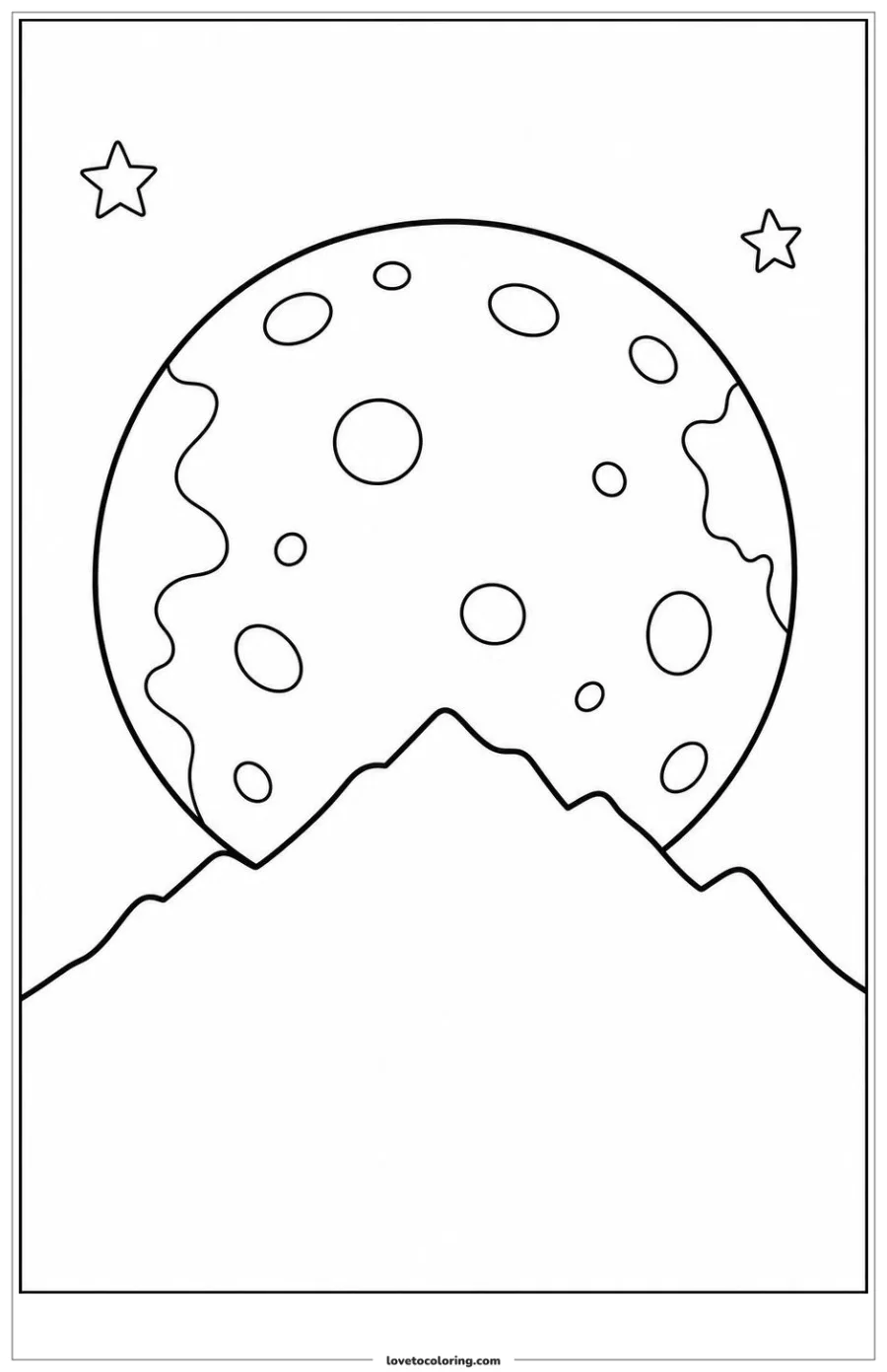 Black-and-white printable coloring page showing a moon rising behind a mountain silhouette.