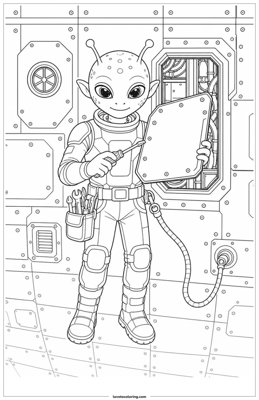 Dibujo para colorear de friendly alien repairing a loose exterior panel