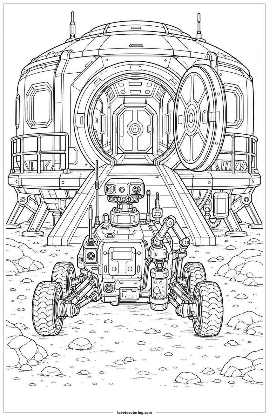 Dibujo para colorear de exploration robot approaching a habitat airlock