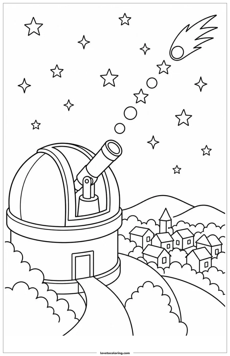 Dibujo para colorear de observatory tracking a comet path through the opening