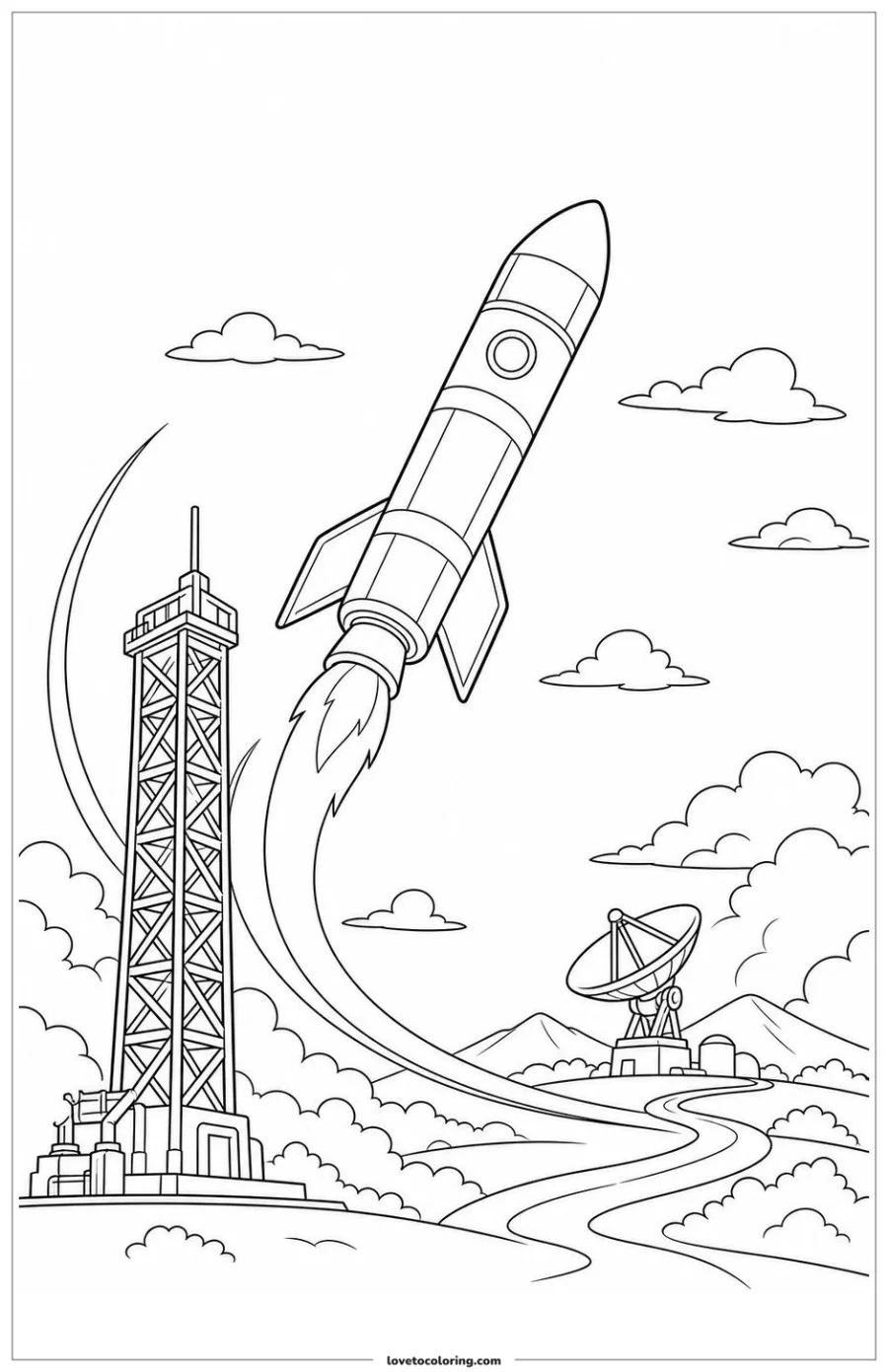 Dibujo para colorear de rocket passing above a distant ground station