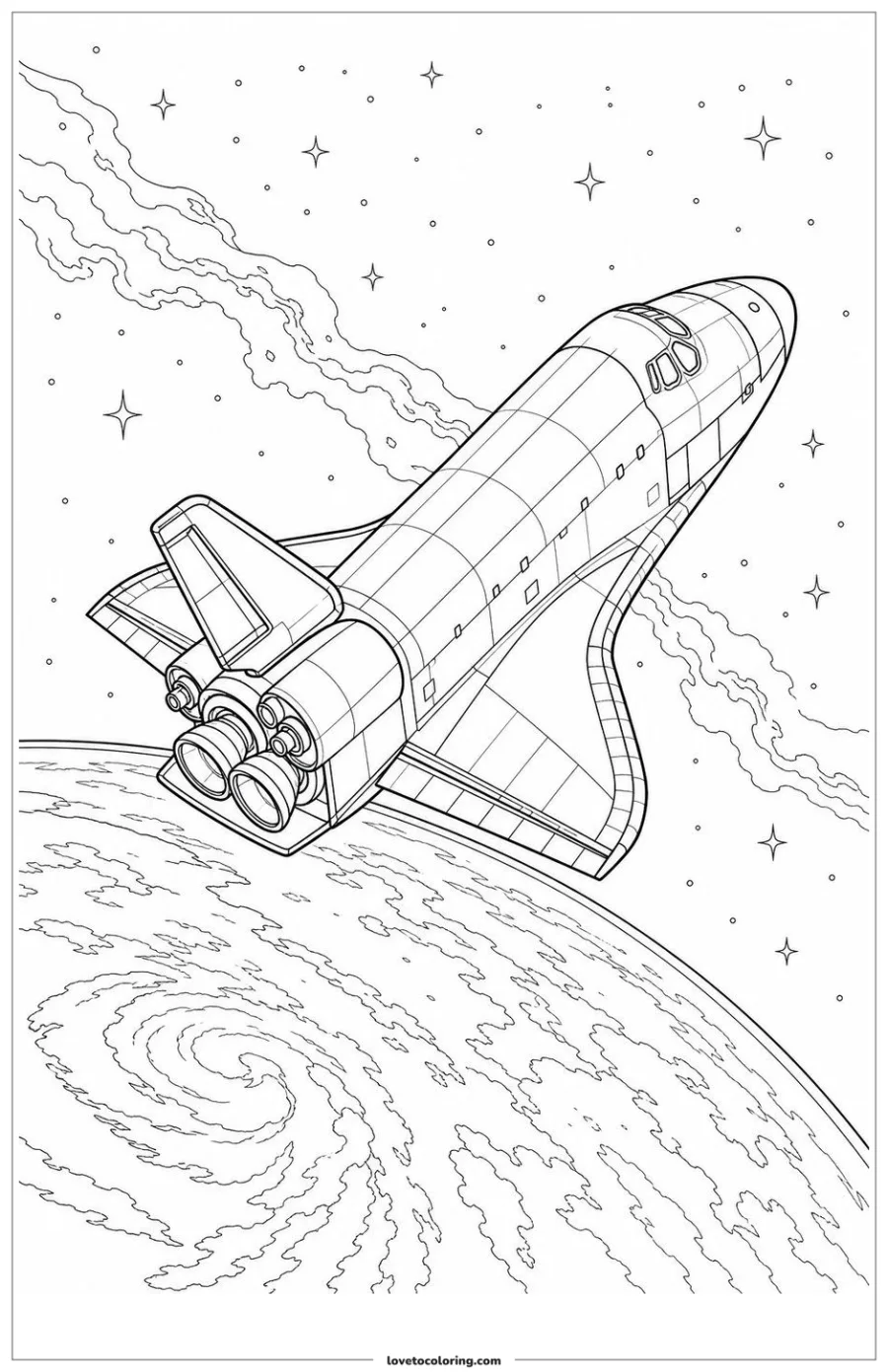 Dibujo para colorear de space shuttle crossing above earth's curved horizon