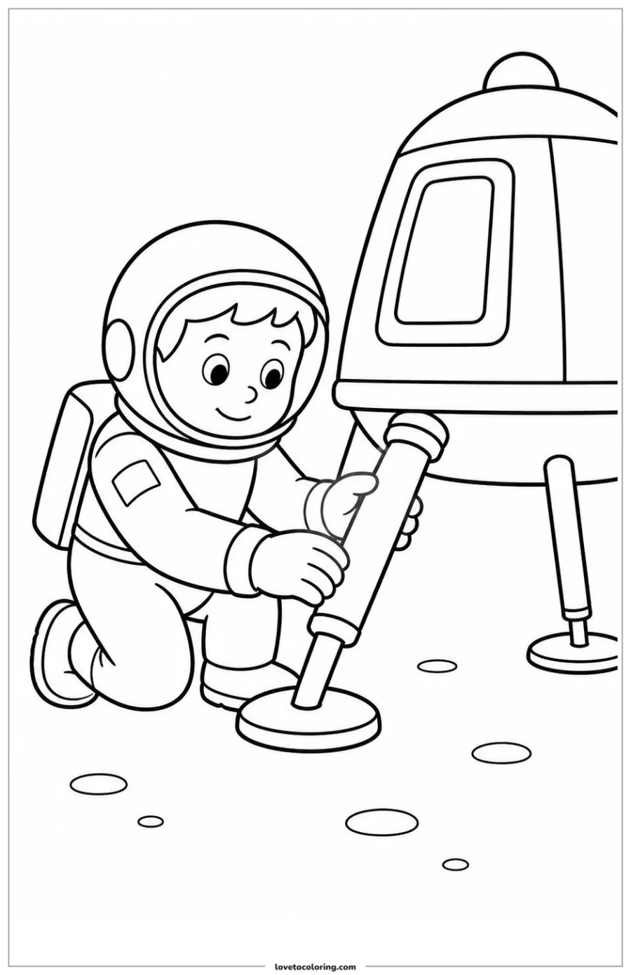 Black-and-white printable coloring page showing a young astronaut checking a landing leg.