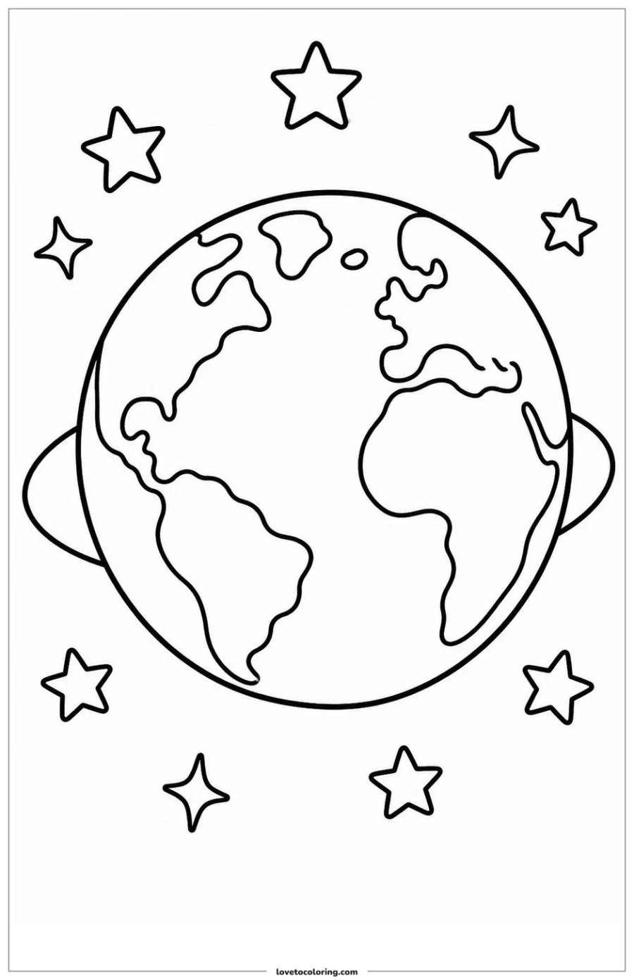 Black-and-white printable coloring page showing an earth forming a display-worthy globe composition.