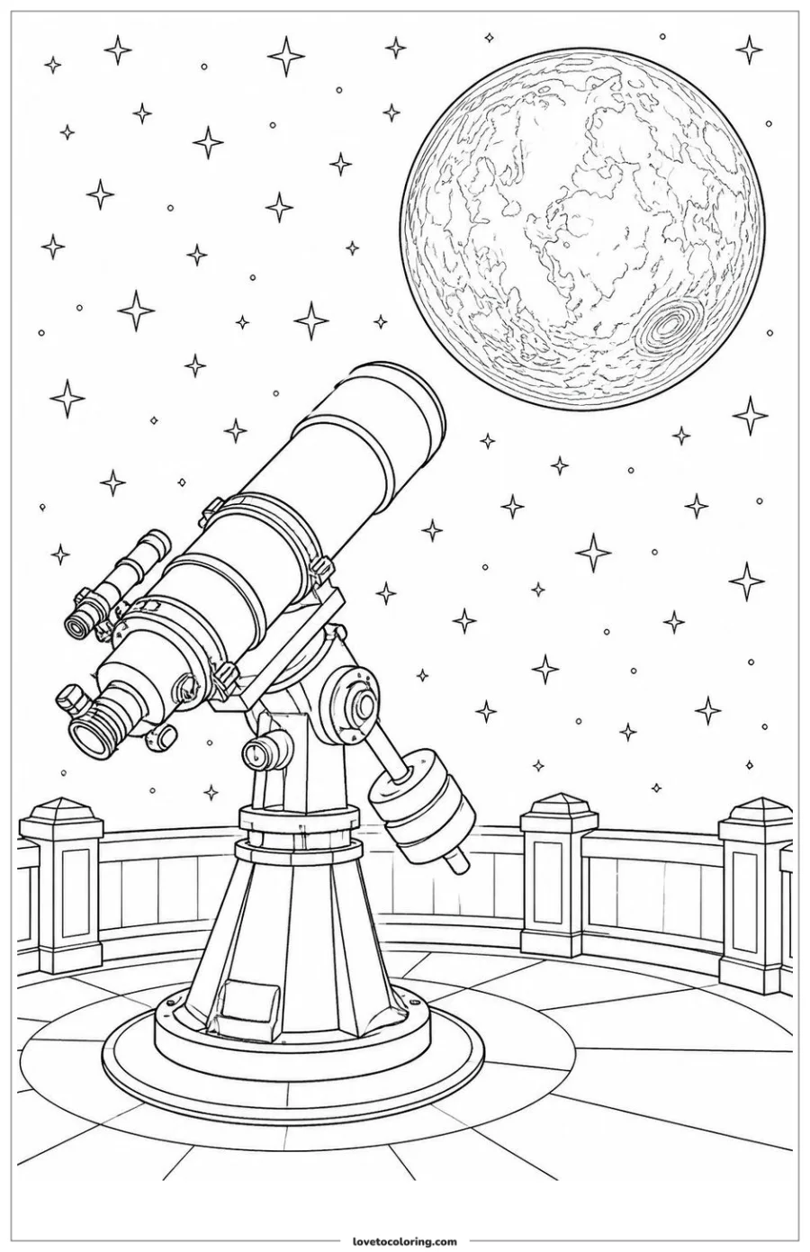 Black-and-white printable coloring page showing a telescope aiming toward one prominent celestial object.
