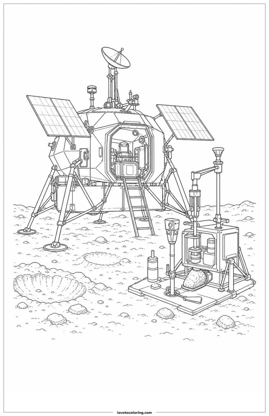 Dibujo para colorear de lunar lander supporting a sample station