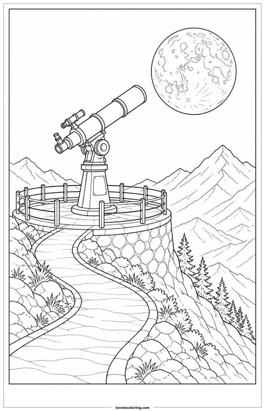 Dibujo para colorear de telescope aligning with the moon above the horizon