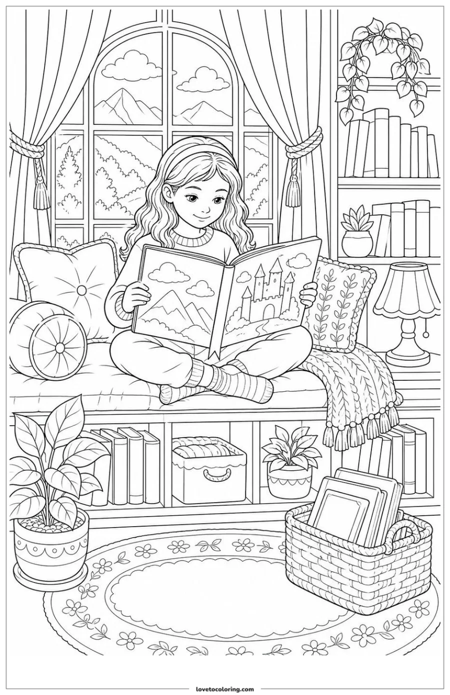 Dibujo para colorear de child reading opening to a new illustrated page