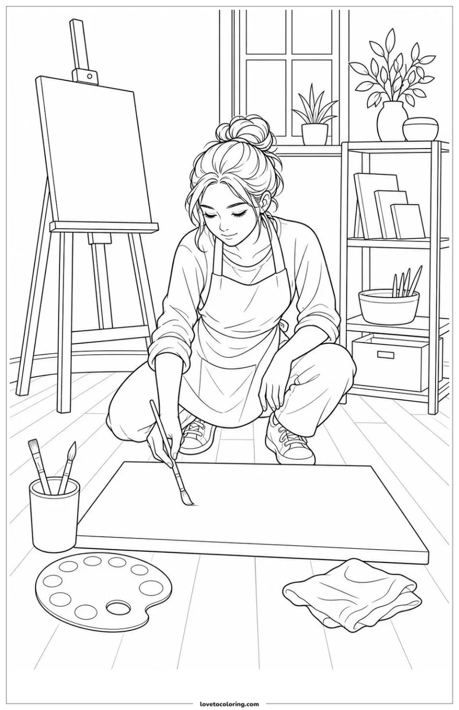 Black-and-white printable coloring page showing a young painter painting a large foreground section.