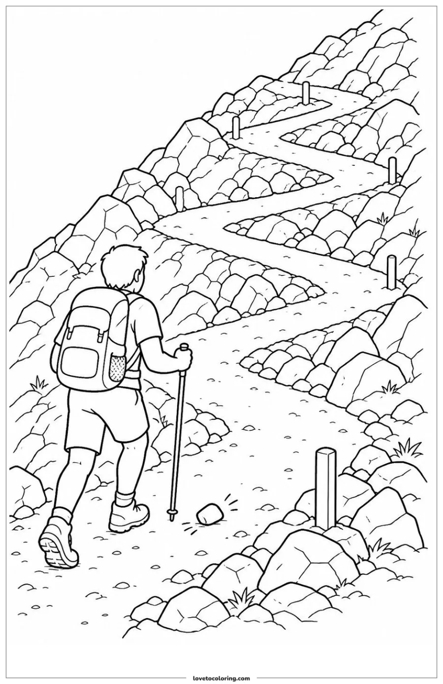 Dibujo para colorear de hiker following switchbacks up a slope