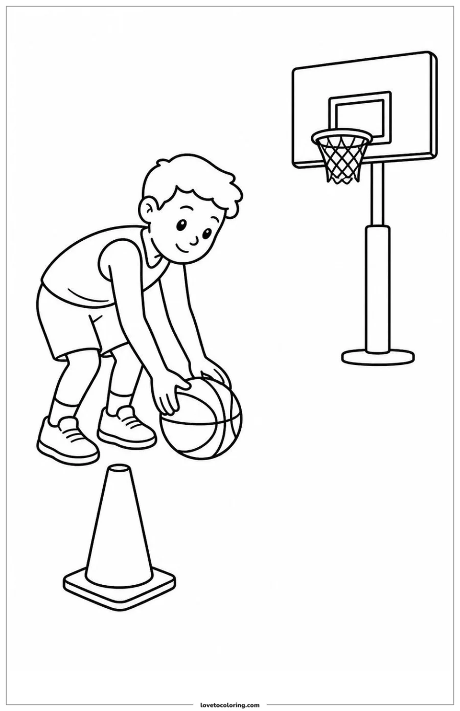 Black-and-white printable coloring page showing a basketball player setting up equipment before practice.