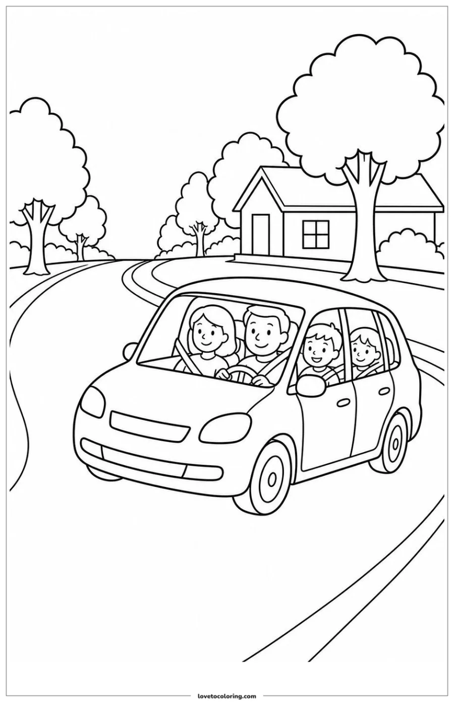 Black-and-white printable coloring page showing a family car returning home along a quiet neighborhood street.