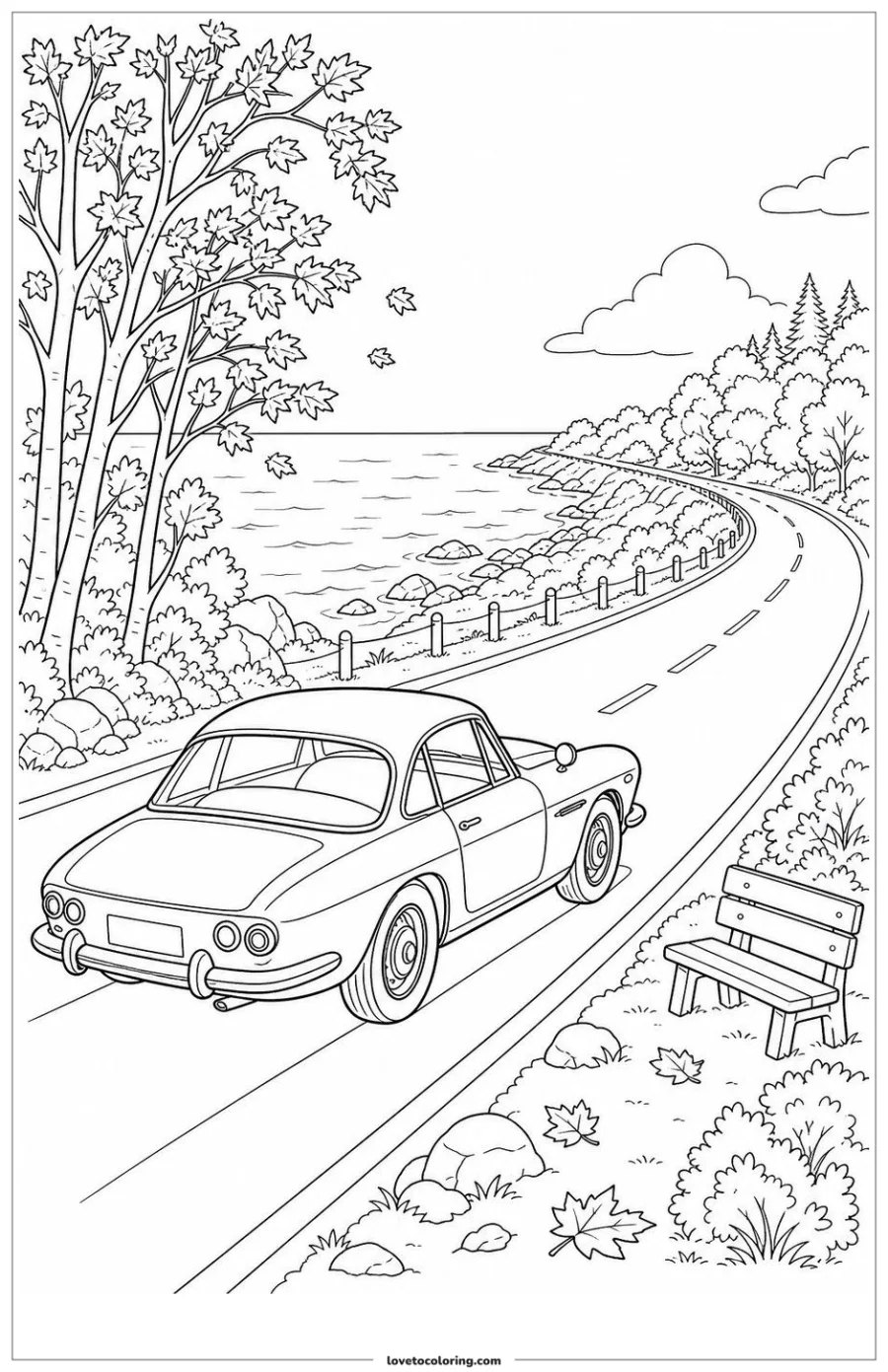 Dibujo para colorear de classic car following a coastal route