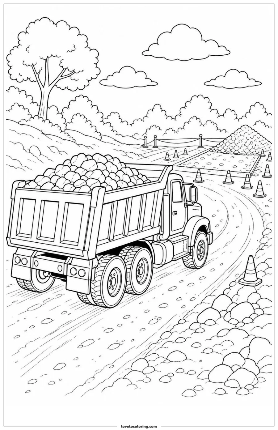 Dibujo para colorear de dump truck moving toward a roadwork site