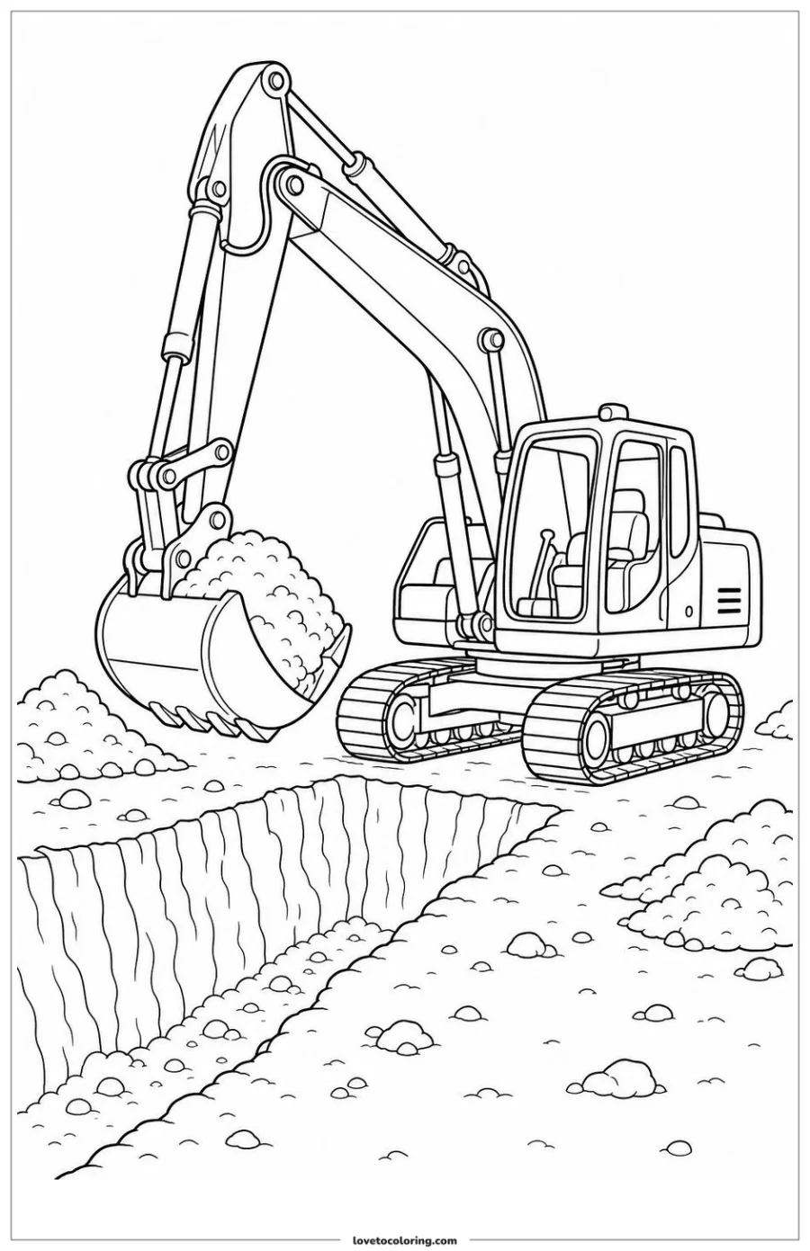 Dibujo para colorear de excavator lifting one bucket of soil from a trench