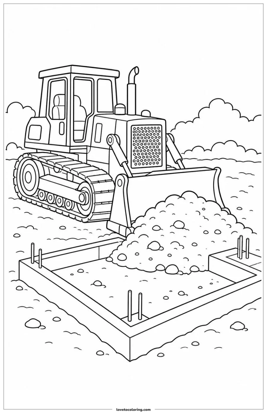 Black-and-white printable coloring page showing a bulldozer working beside a foundation area.