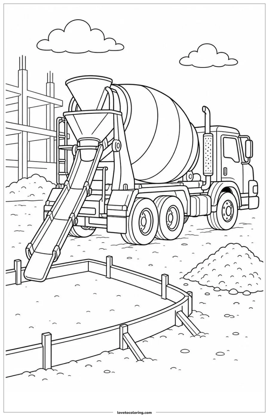 Dibujo para colorear de cement mixer positioning its chute toward a pour area