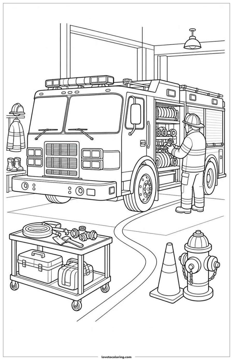 Dibujo para colorear de fire truck waiting while equipment is checked