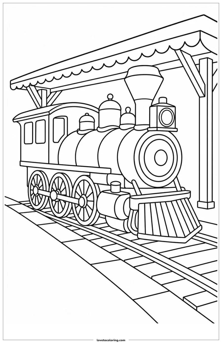 Black-and-white printable coloring page showing a steam train waiting beneath a station canopy.