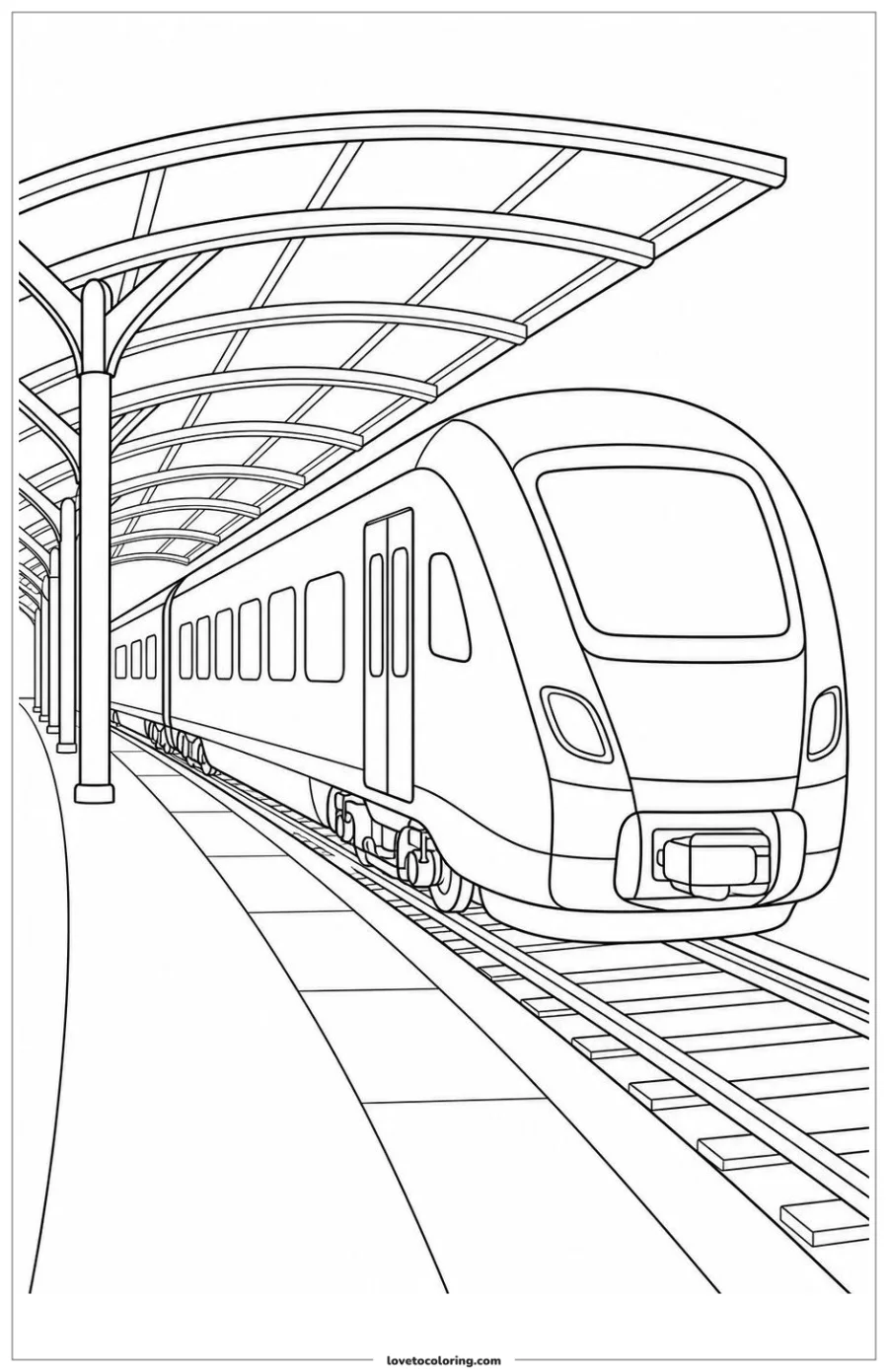 Black-and-white printable coloring page showing a passenger train waiting beneath a station canopy.