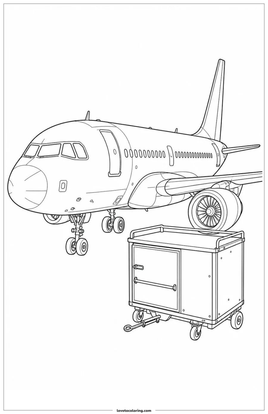 Black-and-white printable coloring page showing an airplane parking beside a safe service cart.