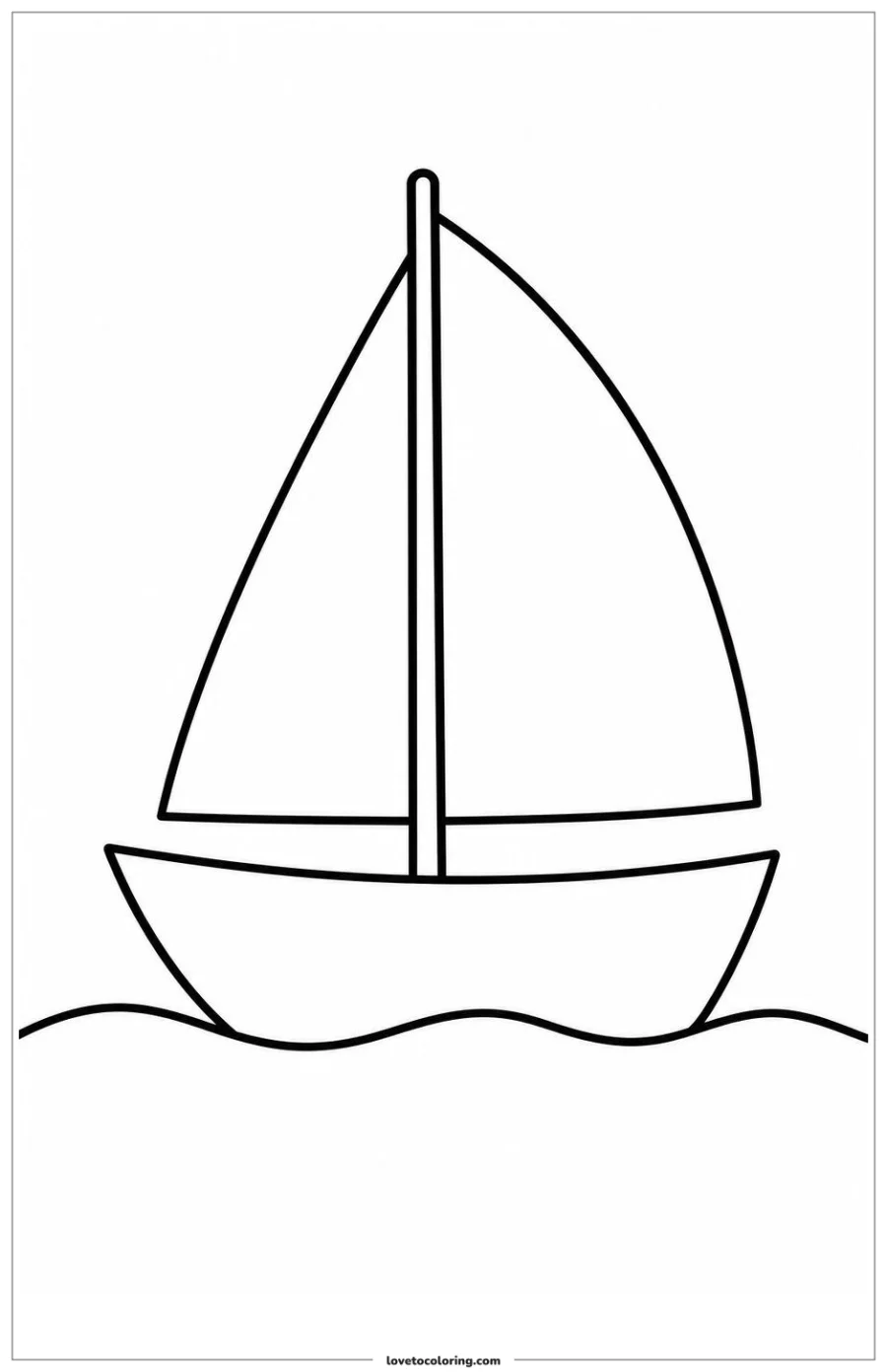 Black-and-white printable coloring page showing a sailboat crossing a gentle wave line.