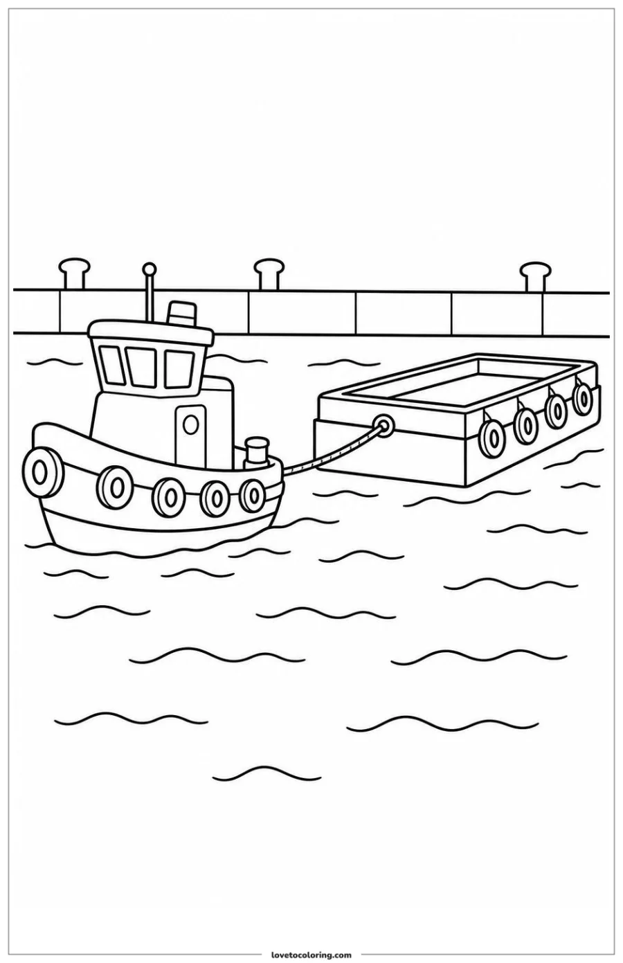 Black-and-white printable coloring page showing a tugboat pulling one secured barge.