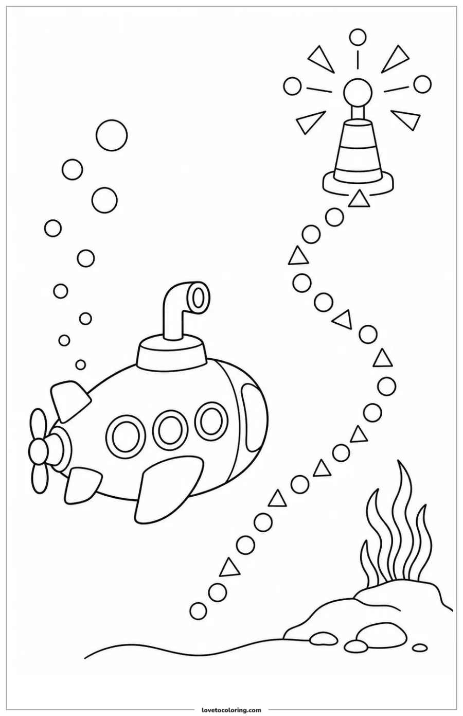 Black-and-white printable coloring page showing a submarine following a beacon route with symbols only.