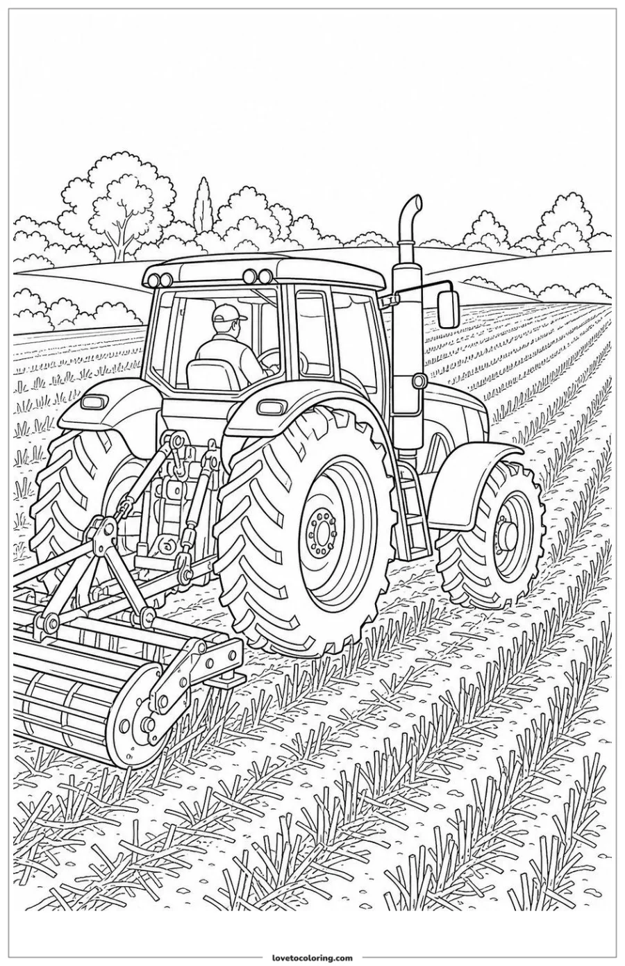 Dibujo para colorear de tractor moving through a harvested field