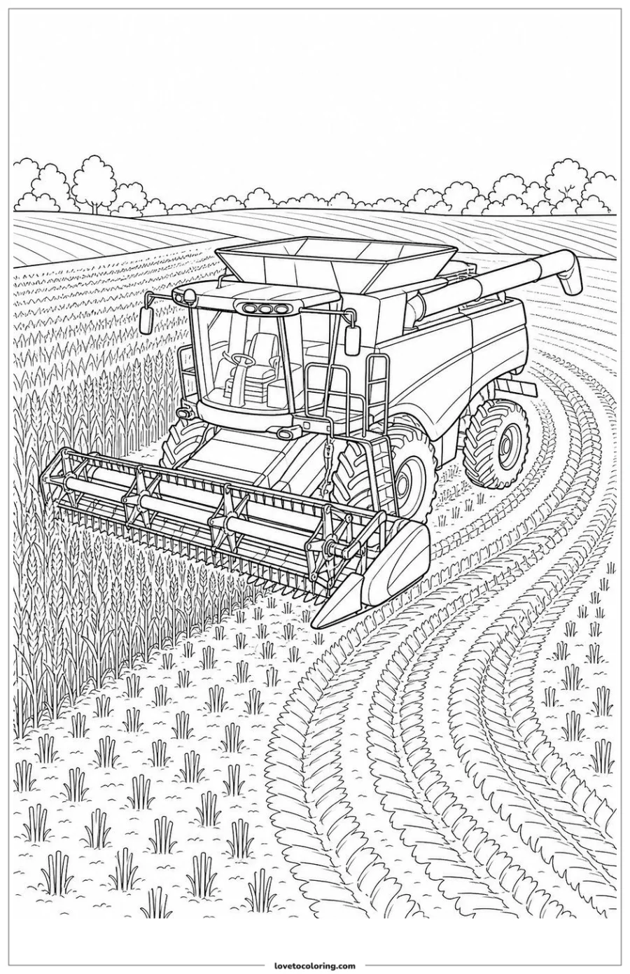 Dibujo para colorear de combine harvester turning at the end of a field