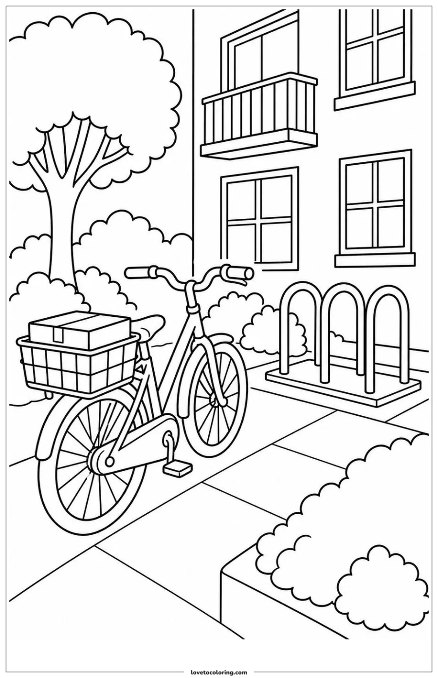Black-and-white printable coloring page showing a delivery bicycle approaching an apartment bicycle rack.