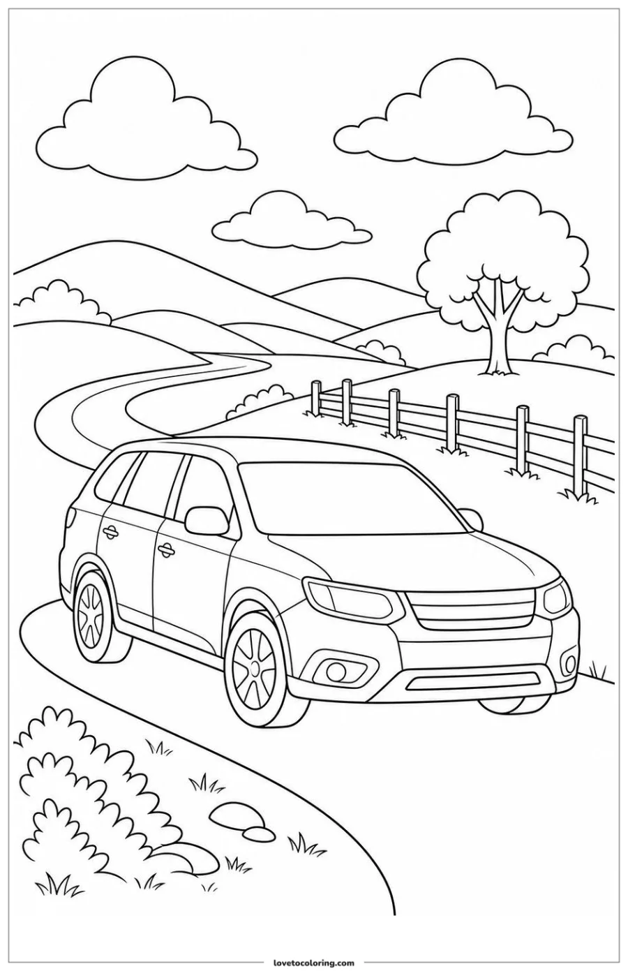 Dibujo para colorear de family car traveling along a curved country road