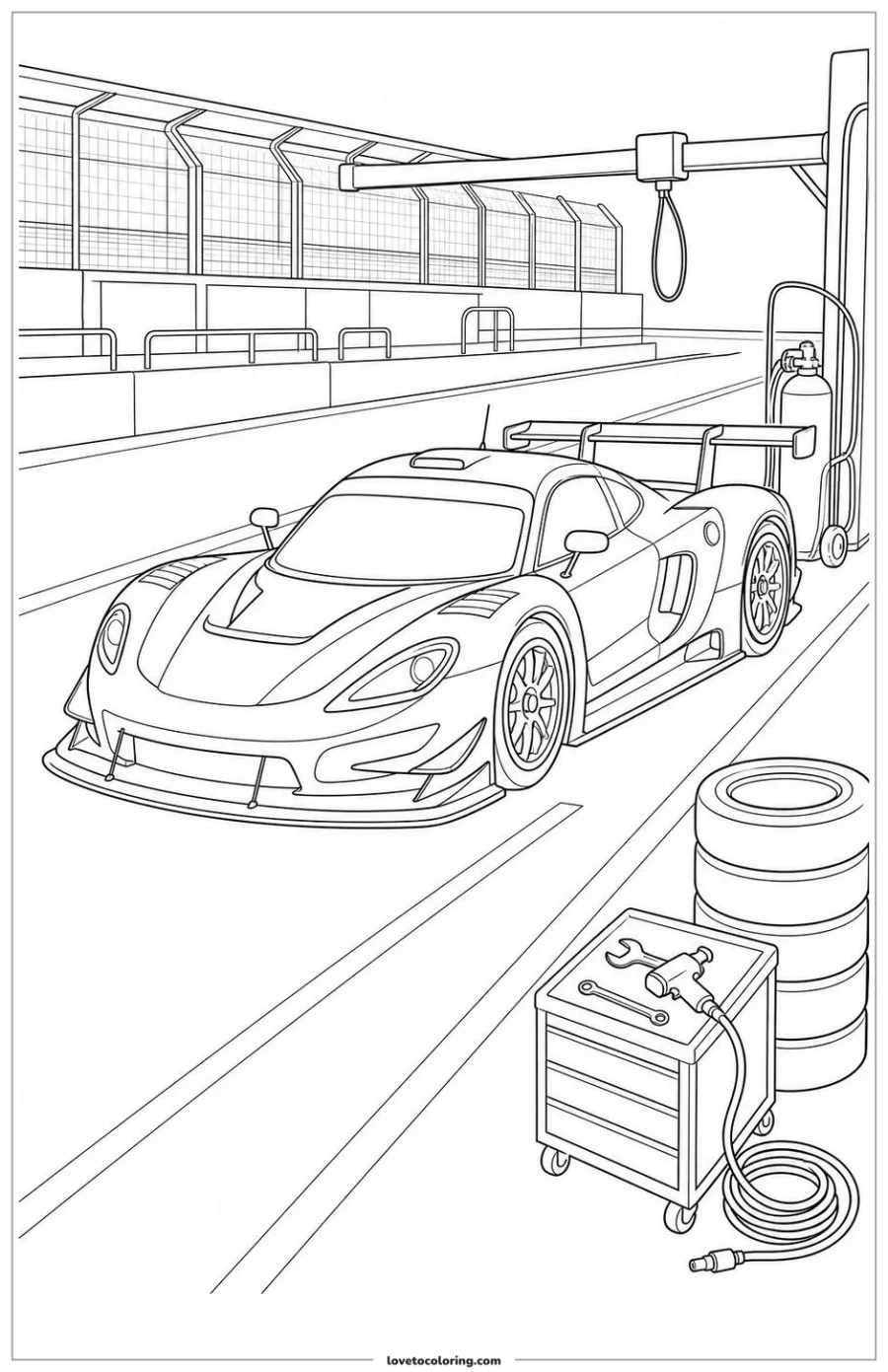 Dibujo para colorear de race car waiting in a pit lane