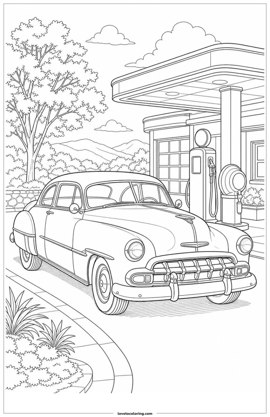 Dibujo para colorear de classic car stopping at a service area