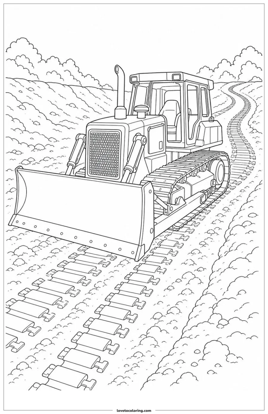 Dibujo para colorear de bulldozer following fresh track marks