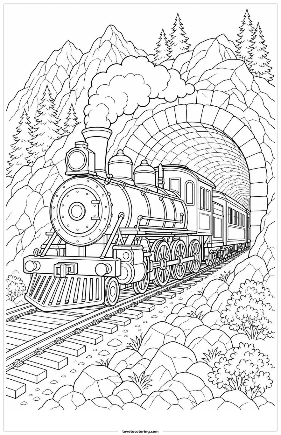 Dibujo para colorear de steam train emerging from a tunnel