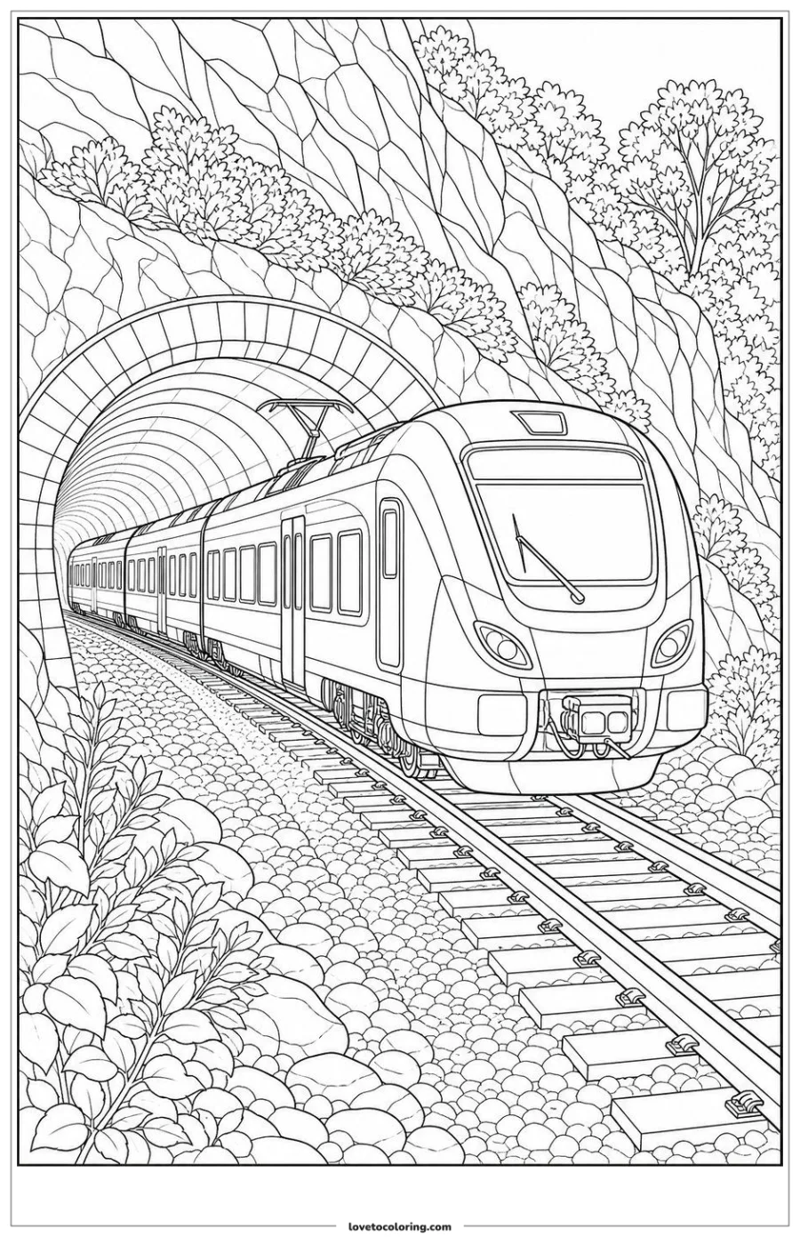 Black-and-white printable coloring page showing a passenger train emerging from a tunnel.