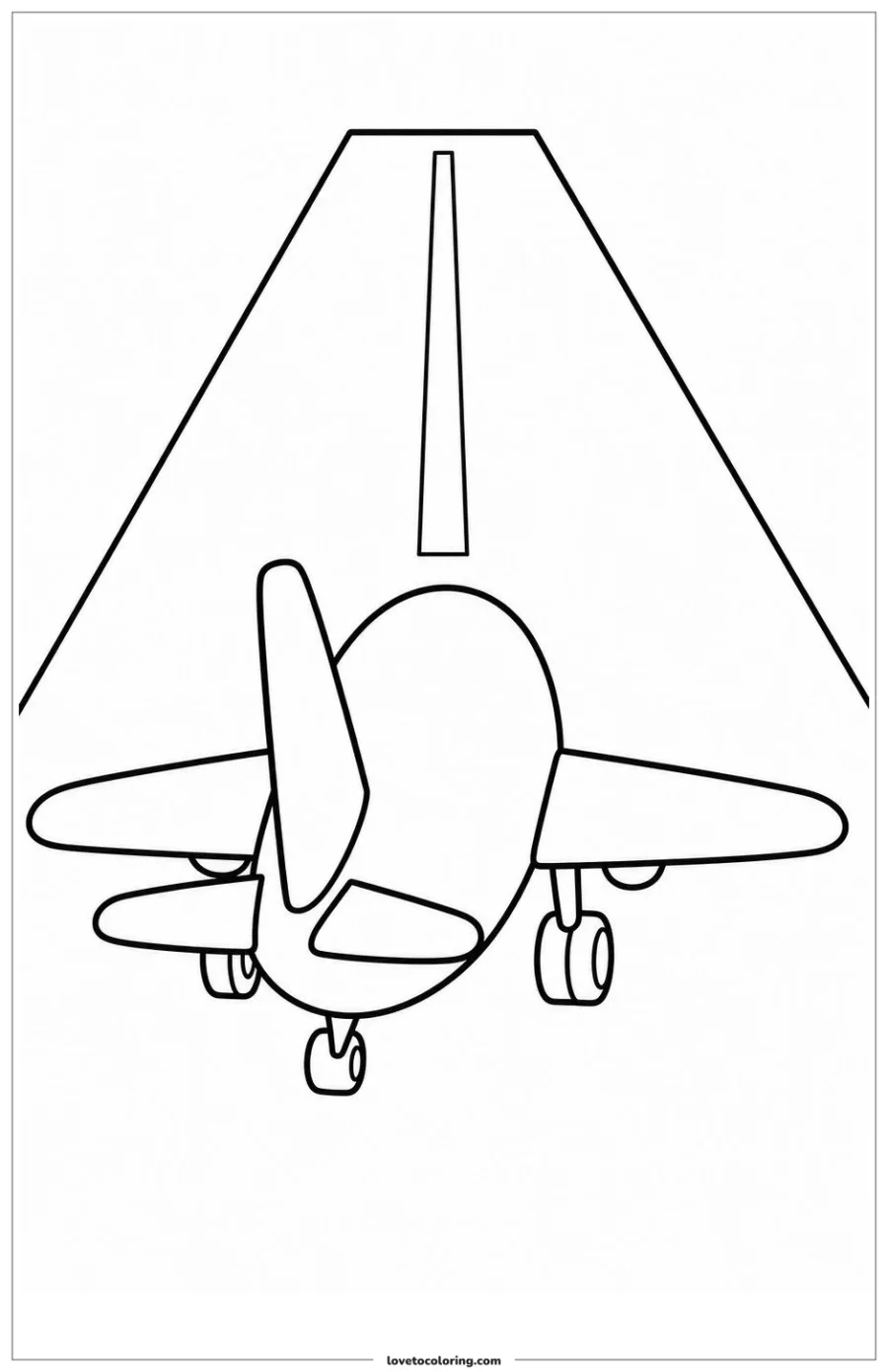 Black-and-white printable coloring page showing an airplane taxiing toward a runway.