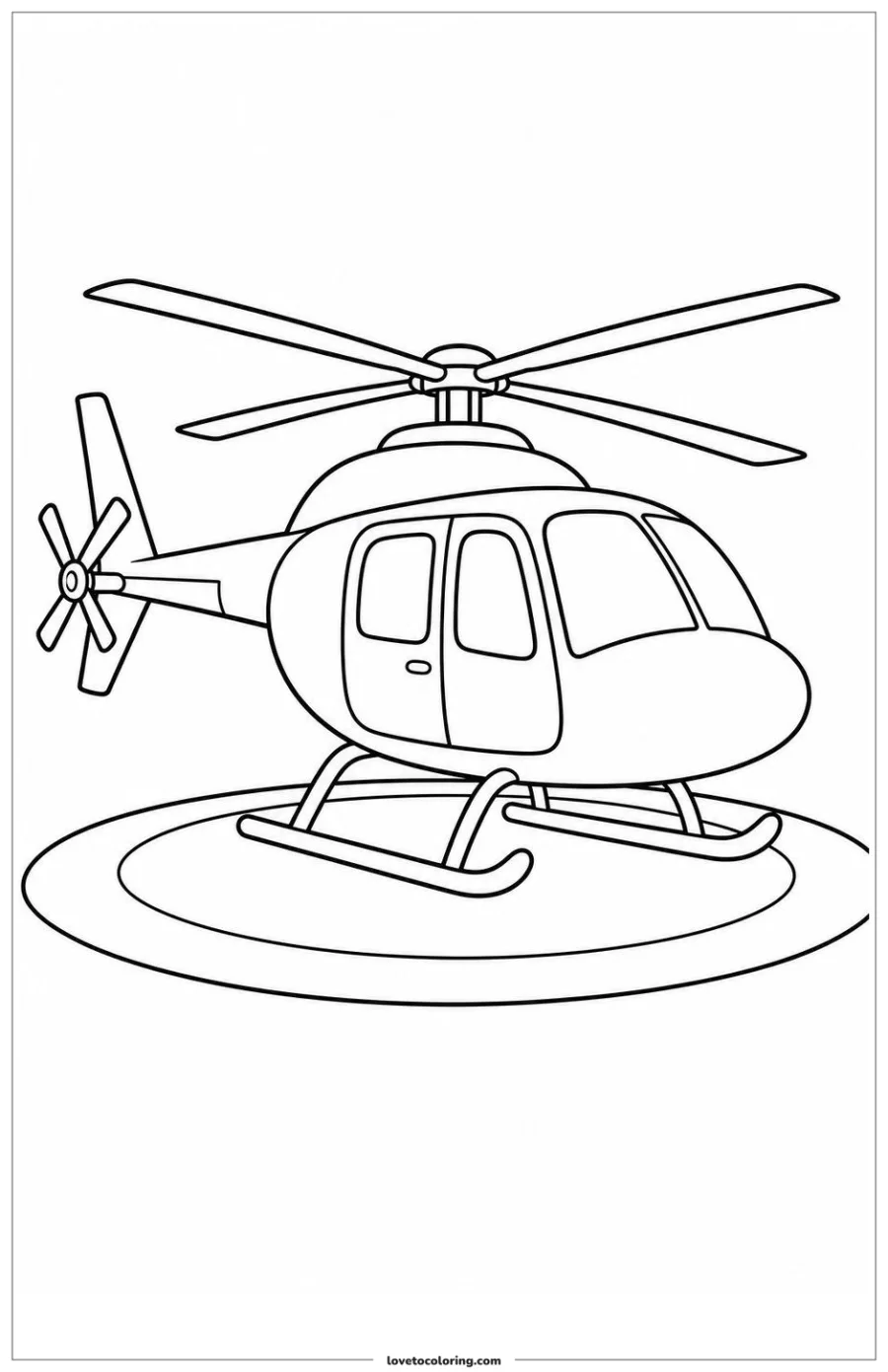 Black-and-white printable coloring page showing a helicopter preparing for departure with doors closed.