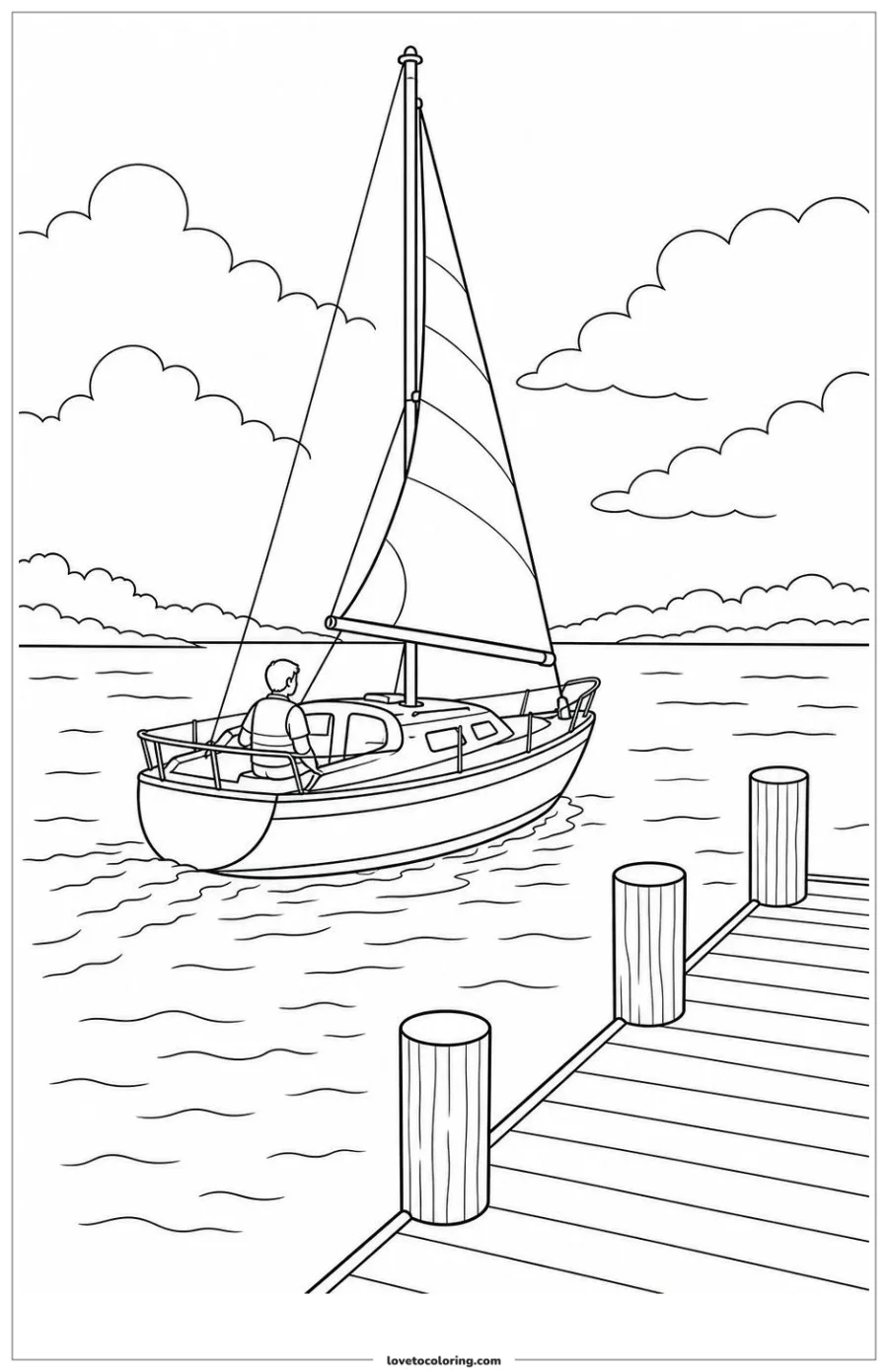 Dibujo para colorear de sailboat approaching a dock under reduced sail
