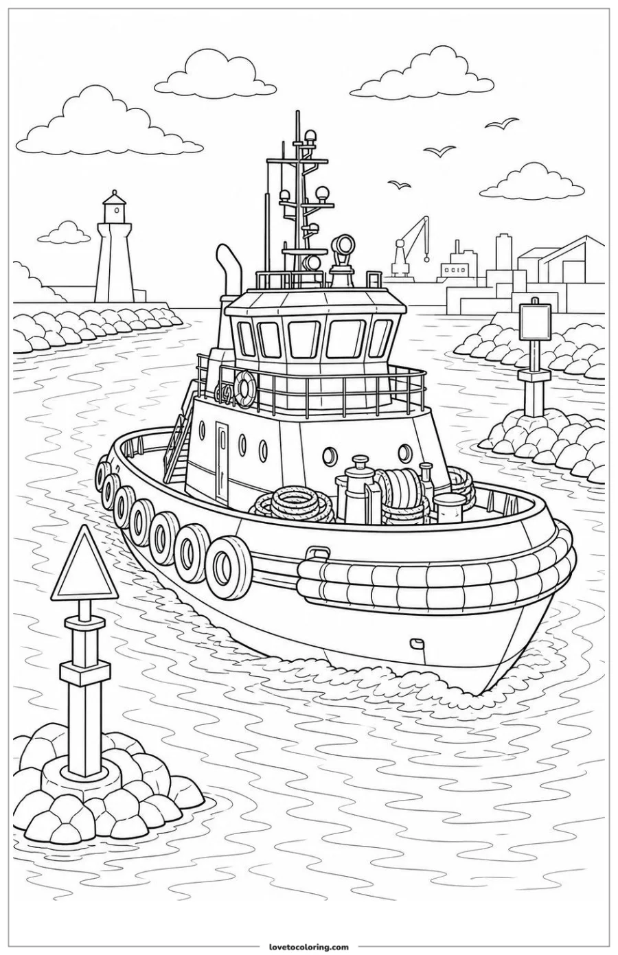 Dibujo para colorear de tugboat entering a harbor channel