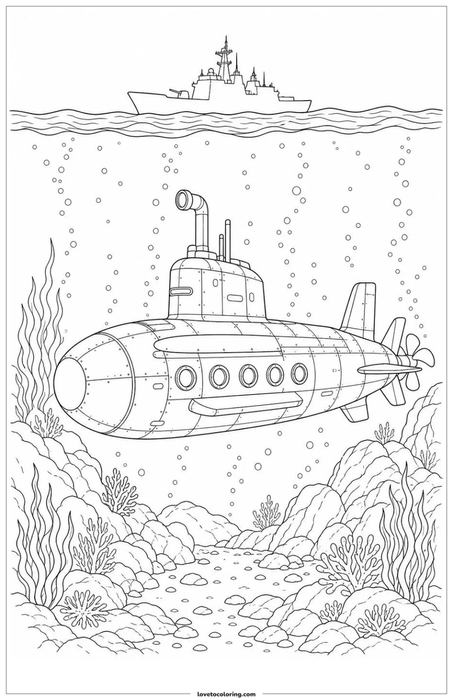Dibujo para colorear de submarine moving beneath a distant ship silhouette
